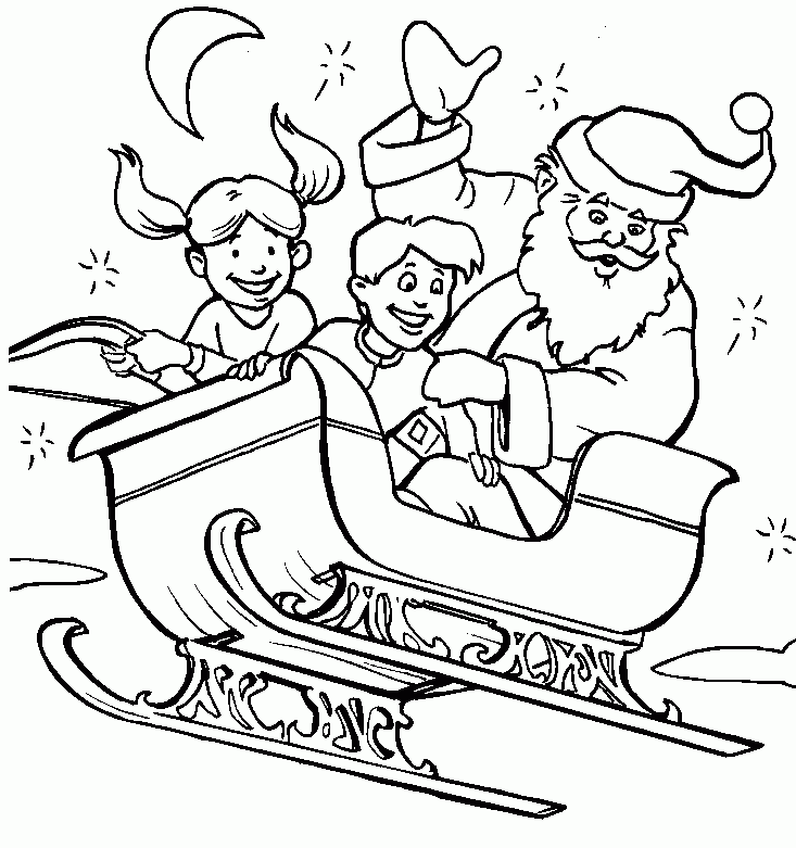 Mikołaj i dzieci w saniach kolorowanka do druku